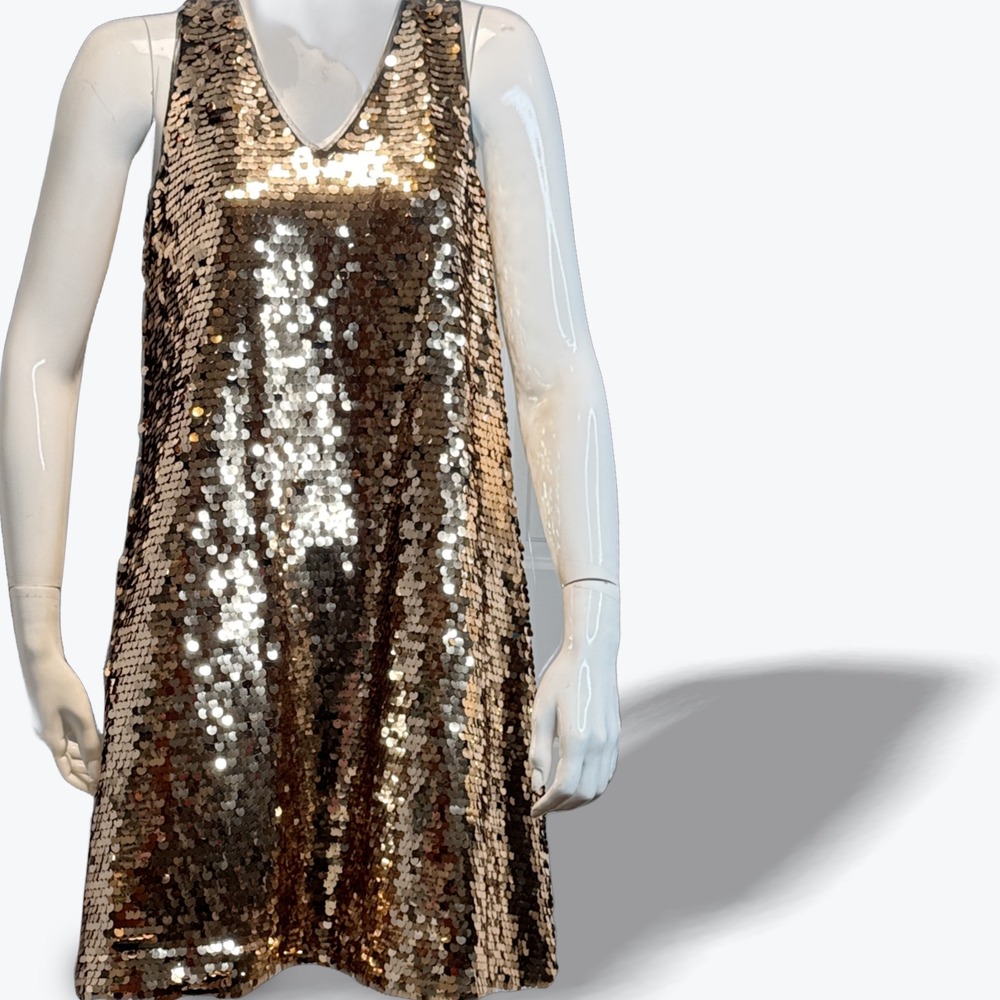 Anne Klein Gold Sequin Bow Back Shift Dress Sleeveless V-Neck Size 6 NEW